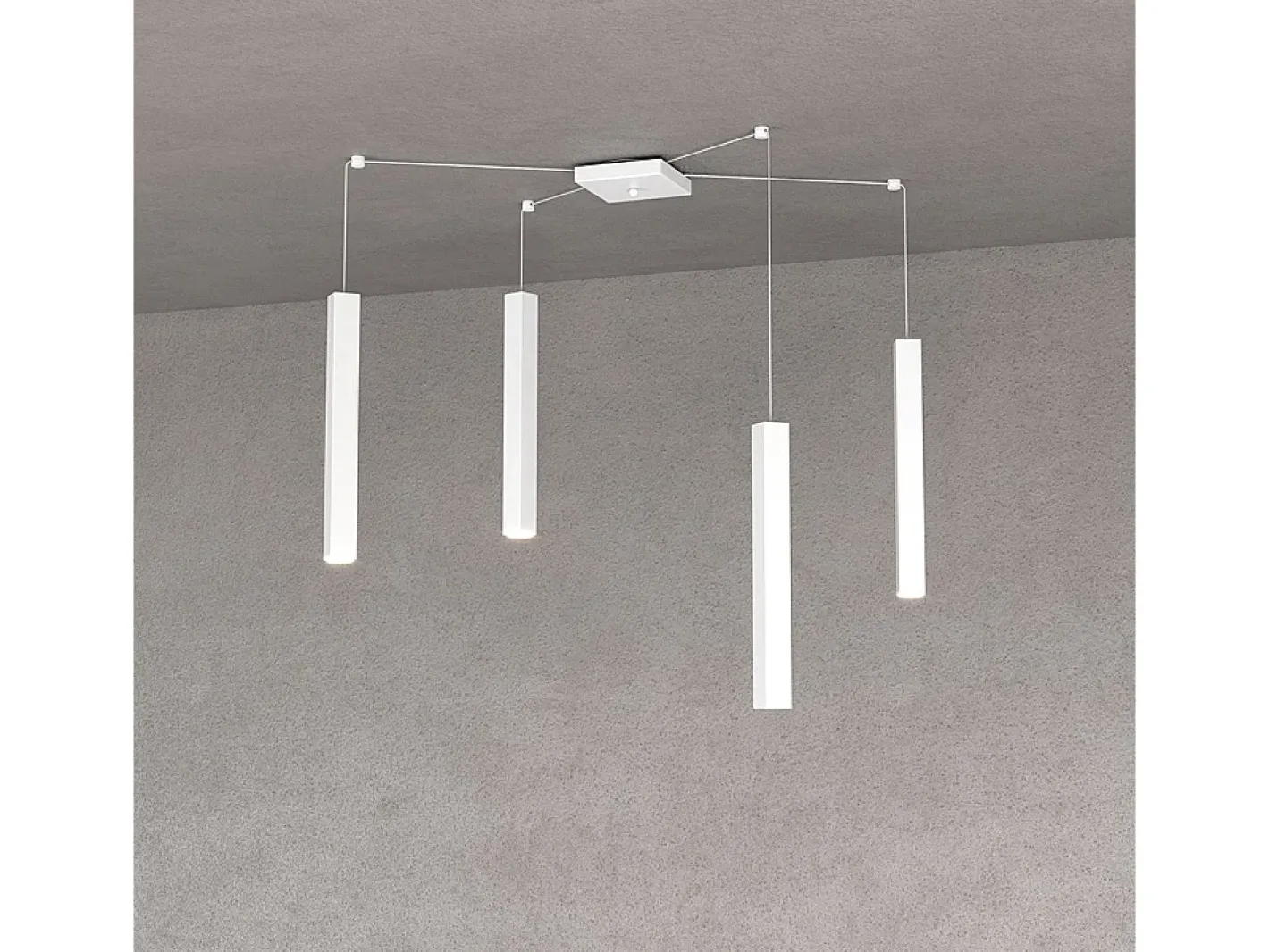 Clearance Square Tube Sospensione 4 Luci Bianco Cavo Cm.250 Con Base Blanco