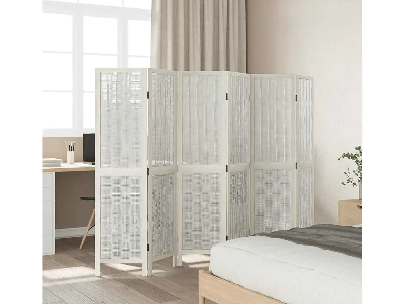 Tabique divisorio de 6 paneles en madera maciza de paulownia blanca Blanco