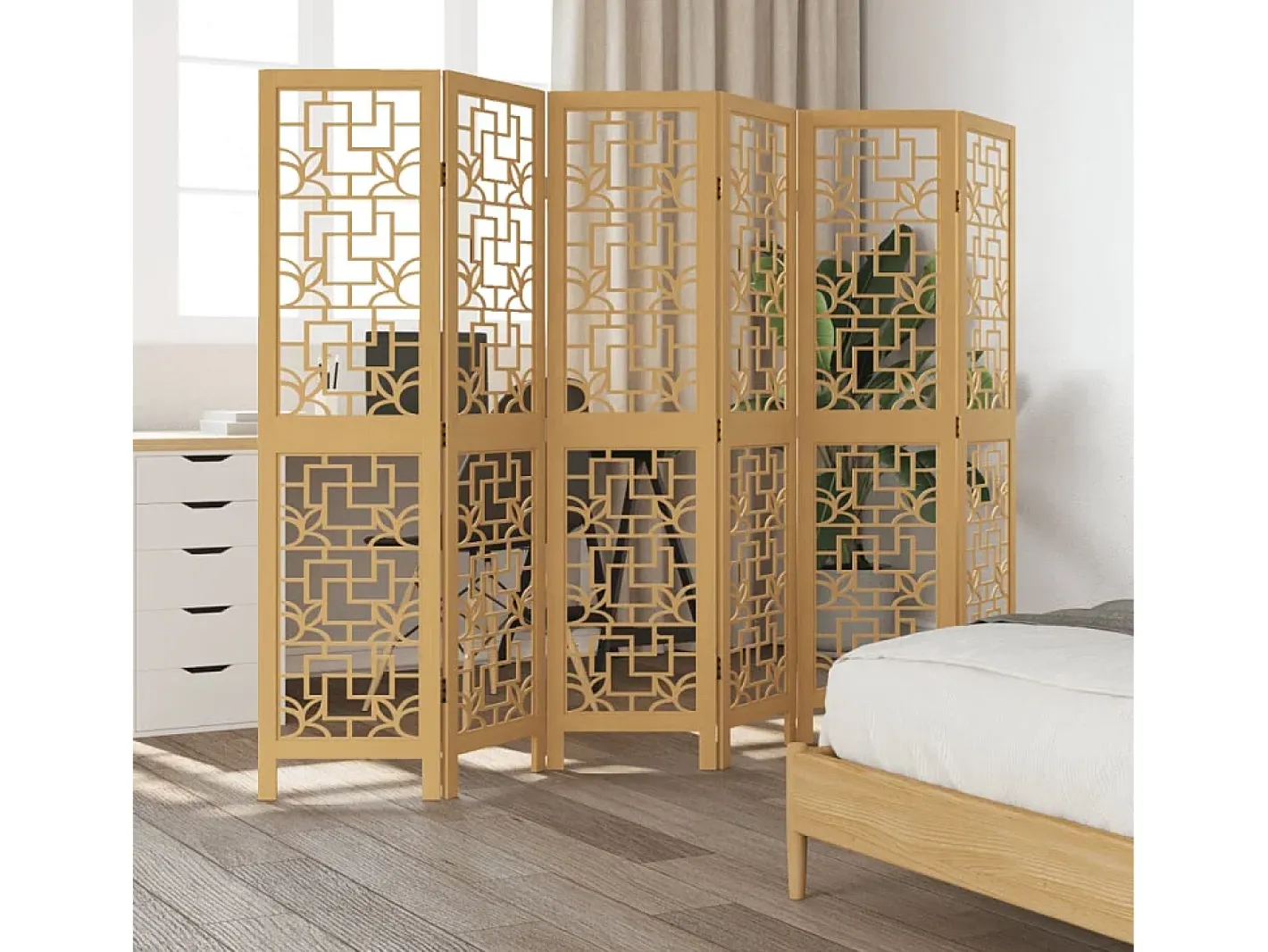 Tabique divisorio de 6 paneles en madera maciza de paulownia marrón Marru00f3n Outlet