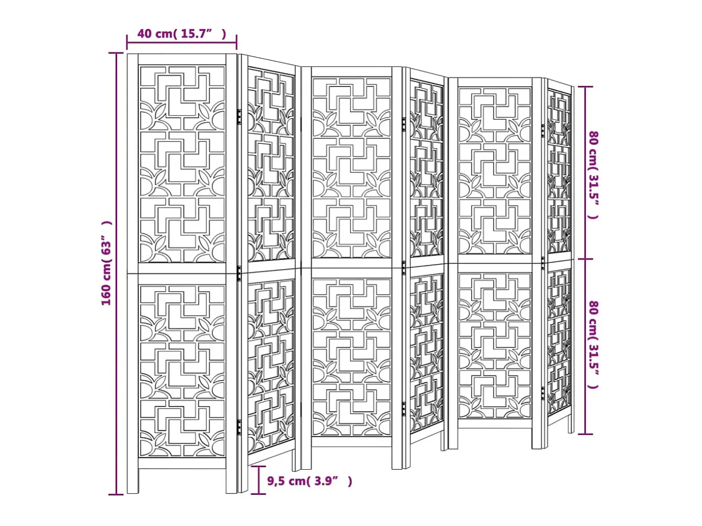 Tabique divisorio de 6 paneles en madera maciza de paulownia marrón Marru00f3n Outlet