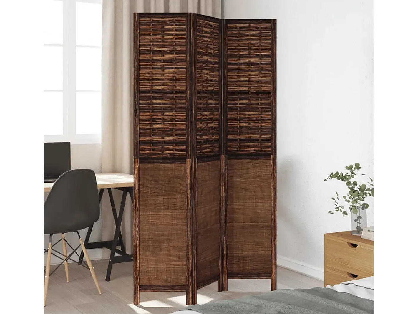 Tabique divisorio de 3 paneles en marrón oscuro fabricado en paulownia maciza Marru00f3n New