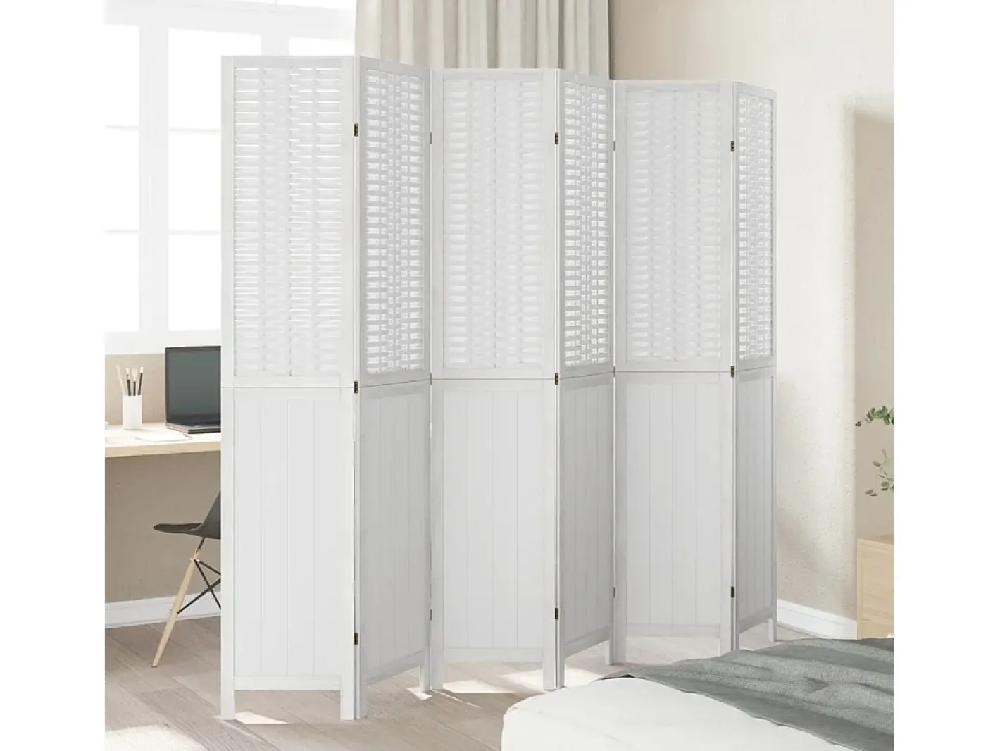 Tabique divisorio de 6 paneles en madera maciza de paulownia blanca Blanco