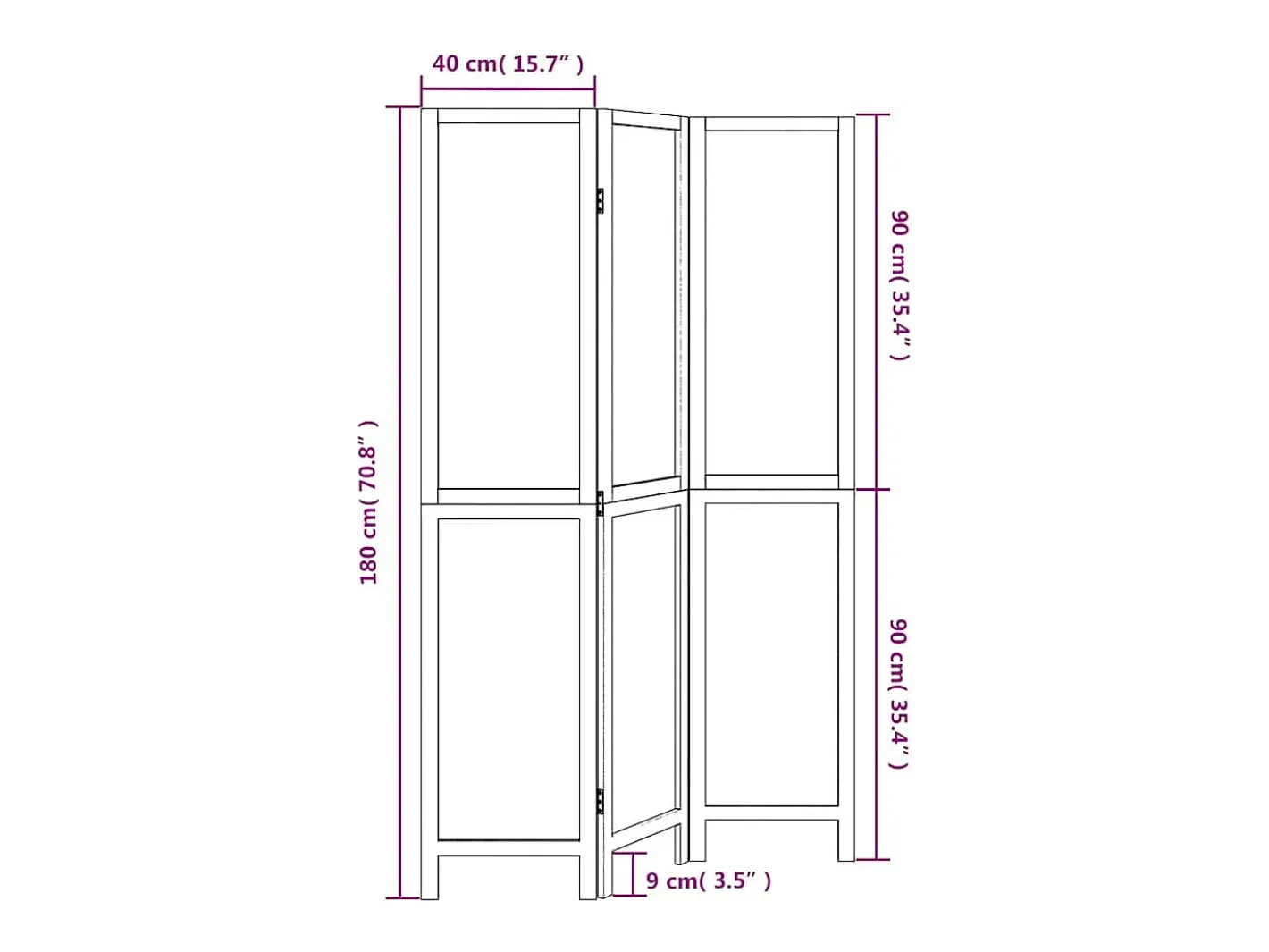 Biombo-Tabique divisorio de 3 paneles en madera maciza de paulownia blanca Blanco