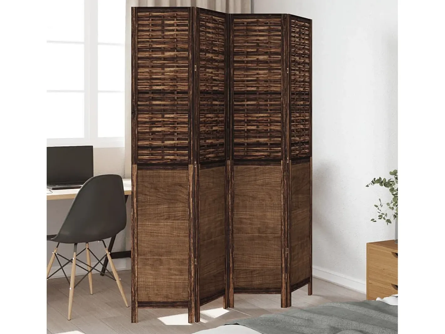 Tabique divisorio de 4 paneles de paulownia maciza en color marrón oscuro Marru00f3n Discount