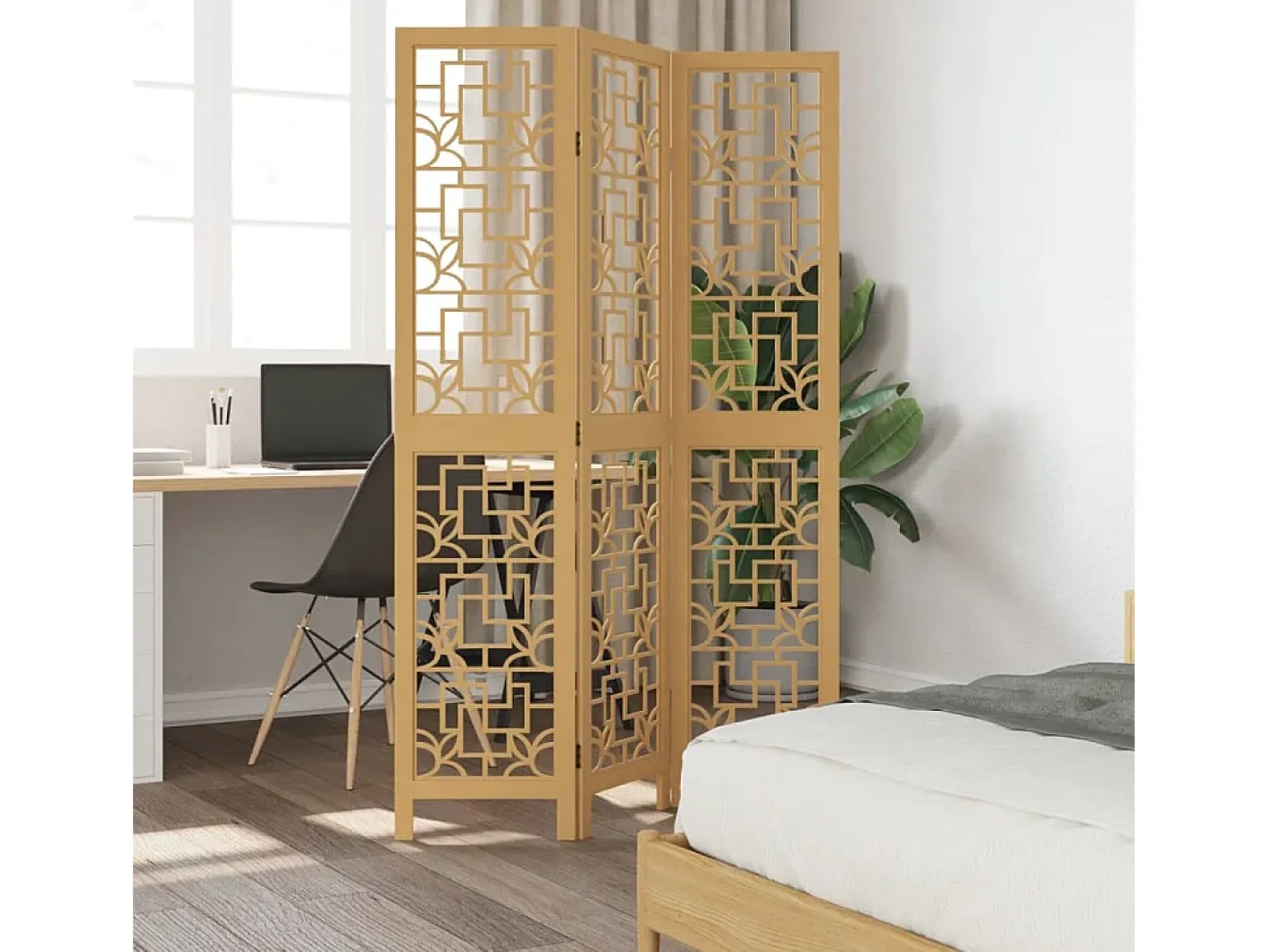 Tabique divisorio de 3 paneles en madera maciza de paulownia marrón Marru00f3n Outlet