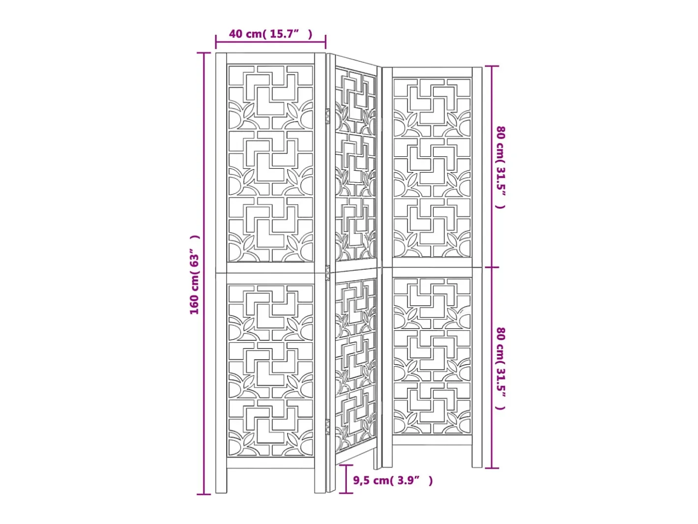 Tabique divisorio de 3 paneles en madera maciza de paulownia marrón Marru00f3n Outlet