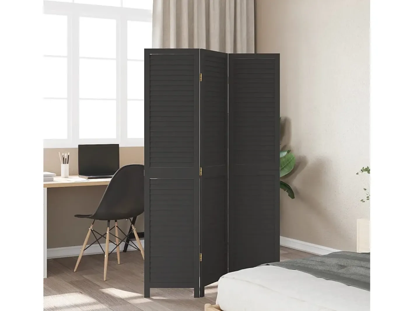 Tabique divisorio de 3 paneles en madera maciza de paulownia negra Negro Discount