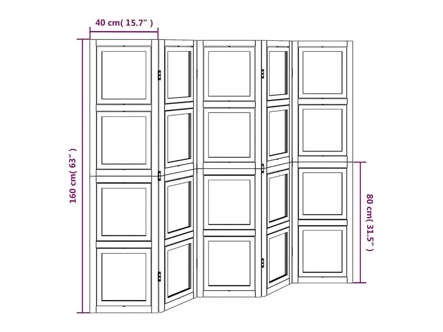 Biombo-Tabique divisorio de 5 paneles en madera maciza de paulownia blanca Blanco
