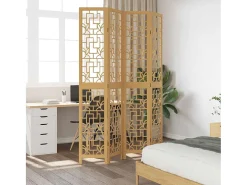 Biombo-Tabique divisorio de 4 paneles en madera maciza de paulownia marrón Marru00f3n
