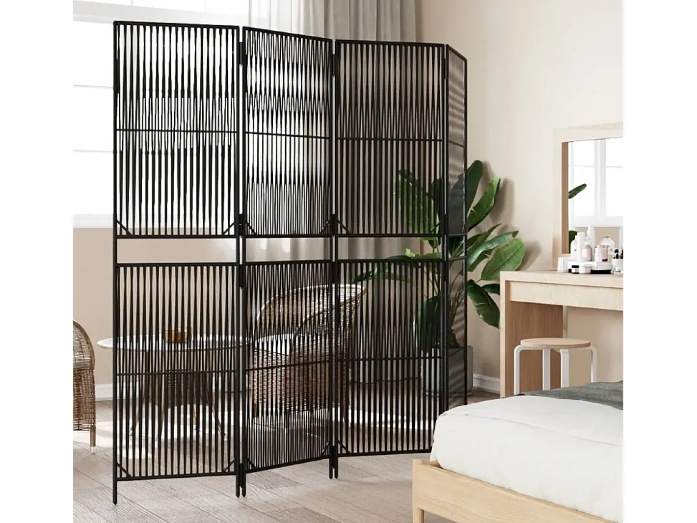 Tabique divisorio de mimbre de resina negra de 4 paneles Negro Hot