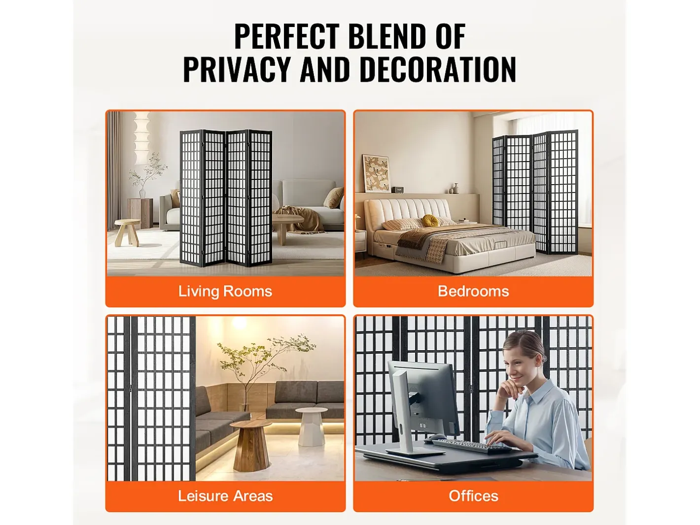 Biombo-Tabique Divisorio SucceBuy, Tabique Divisorio Japonés de 4 Paneles, Tabique Japonés Portátil, de Madera, Gira 360°, 162 x 170 x 1,9 cm, para Separar Habitaciones Negro