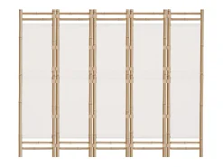 Biombo-Tabique plegable 5 paneles 200 cm Bambú y lona Crema