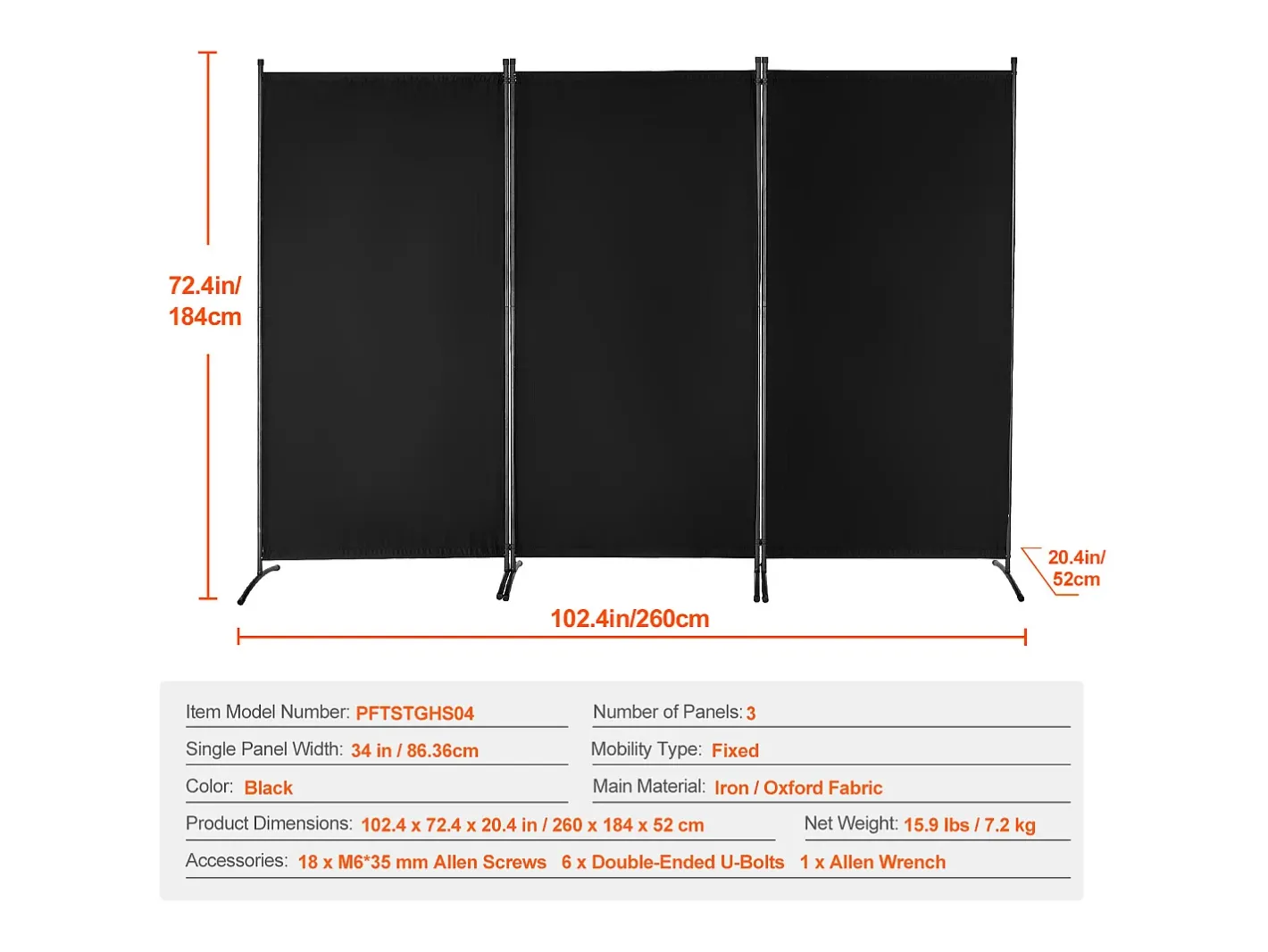 Tabique SucceBuy Biombo, Biombo Plegable de 3 Paneles, Separador Portátil, Color Negro