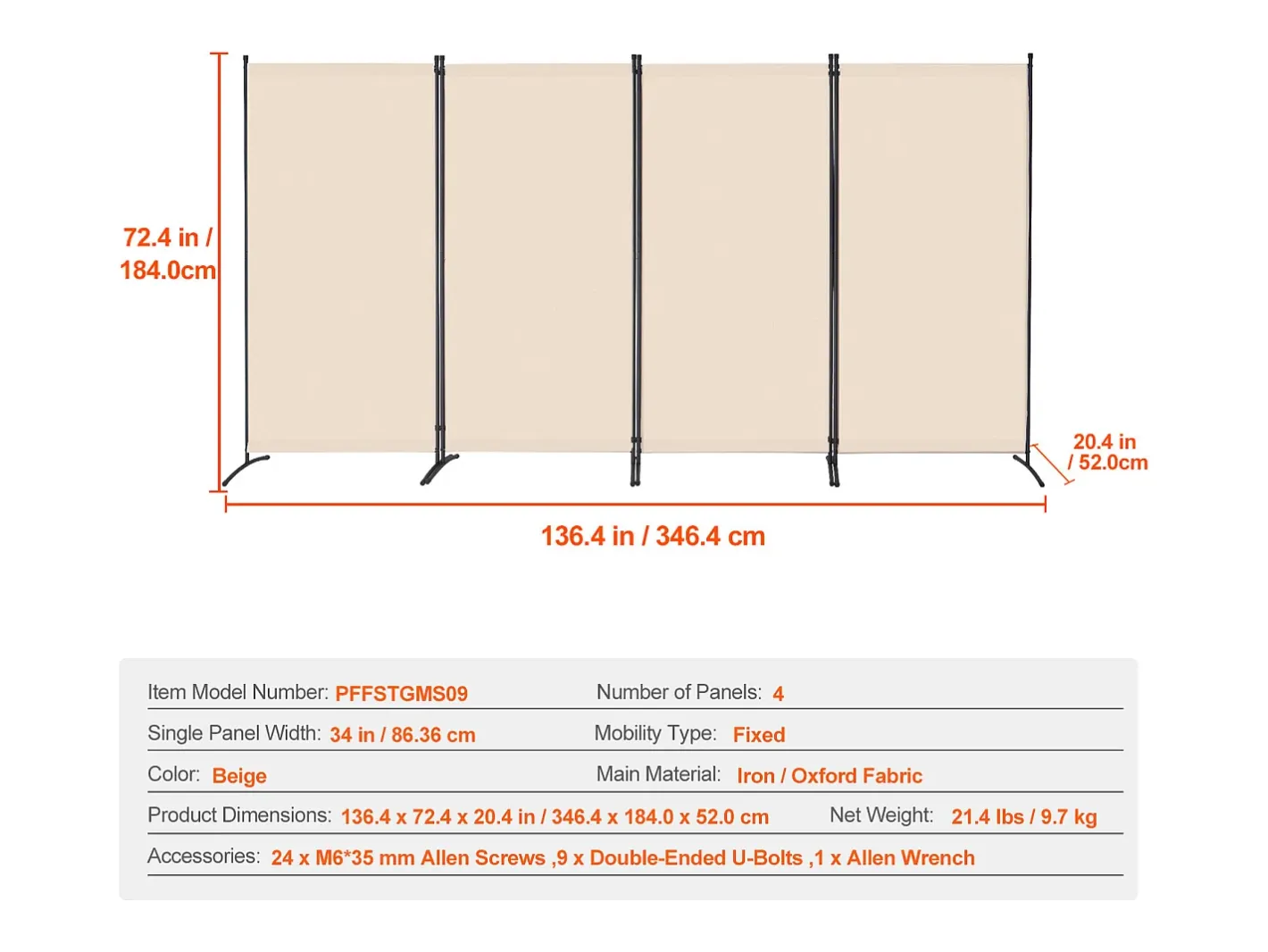 Biombo-Tabique SucceBuy Biombo de 4 Paneles, Biombo Plegable, Separador Portátil, Separador Independiente para Oficina, Dormitorio y Estudio, Beige