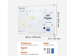 New Tablero Magnético SucceBuy, Limpiable a Seco, 91 x 61 cm, Montaje Mural para Uso en la Oficina Blanco