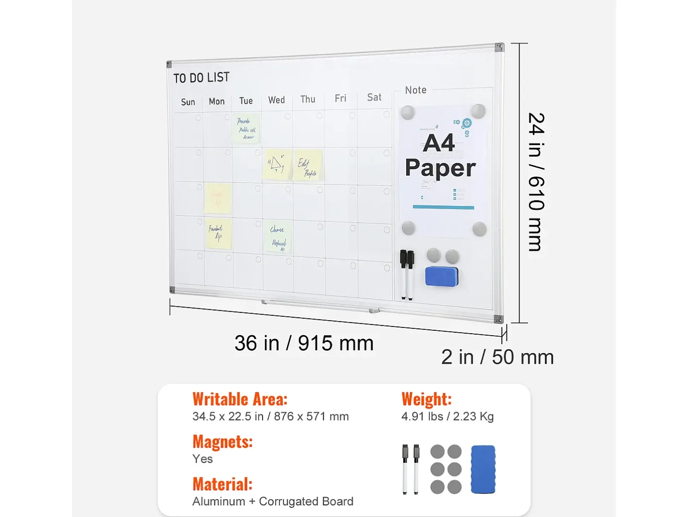New Tablero Magnético SucceBuy, Limpiable a Seco, 91 x 61 cm, Montaje Mural para Uso en la Oficina Blanco