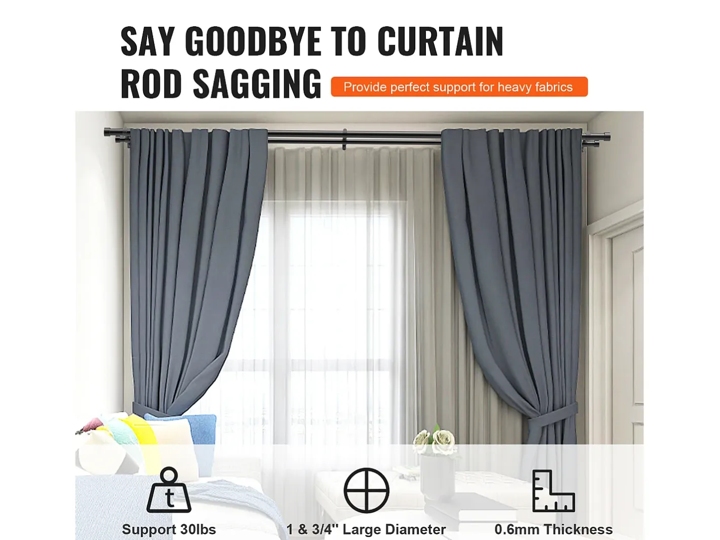 Tendones de Cortinas de Doble Vara SucceBuy, Longitud Ajustable de 36 a 72 Pulgadas, Terminos de Tapón Negro Sale