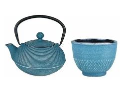 Presentación Y Servicio-Tetera de hierro fundido Asagao 0,9 L + Taza de hierro fundido y plata Azul