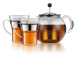 Bodum Presentación Y Servicio-Tetera de émbolo Assam 1L con filtro de acero inoxidable + 2 tazas de vidrio 0,35L con asa de acero inoxidable