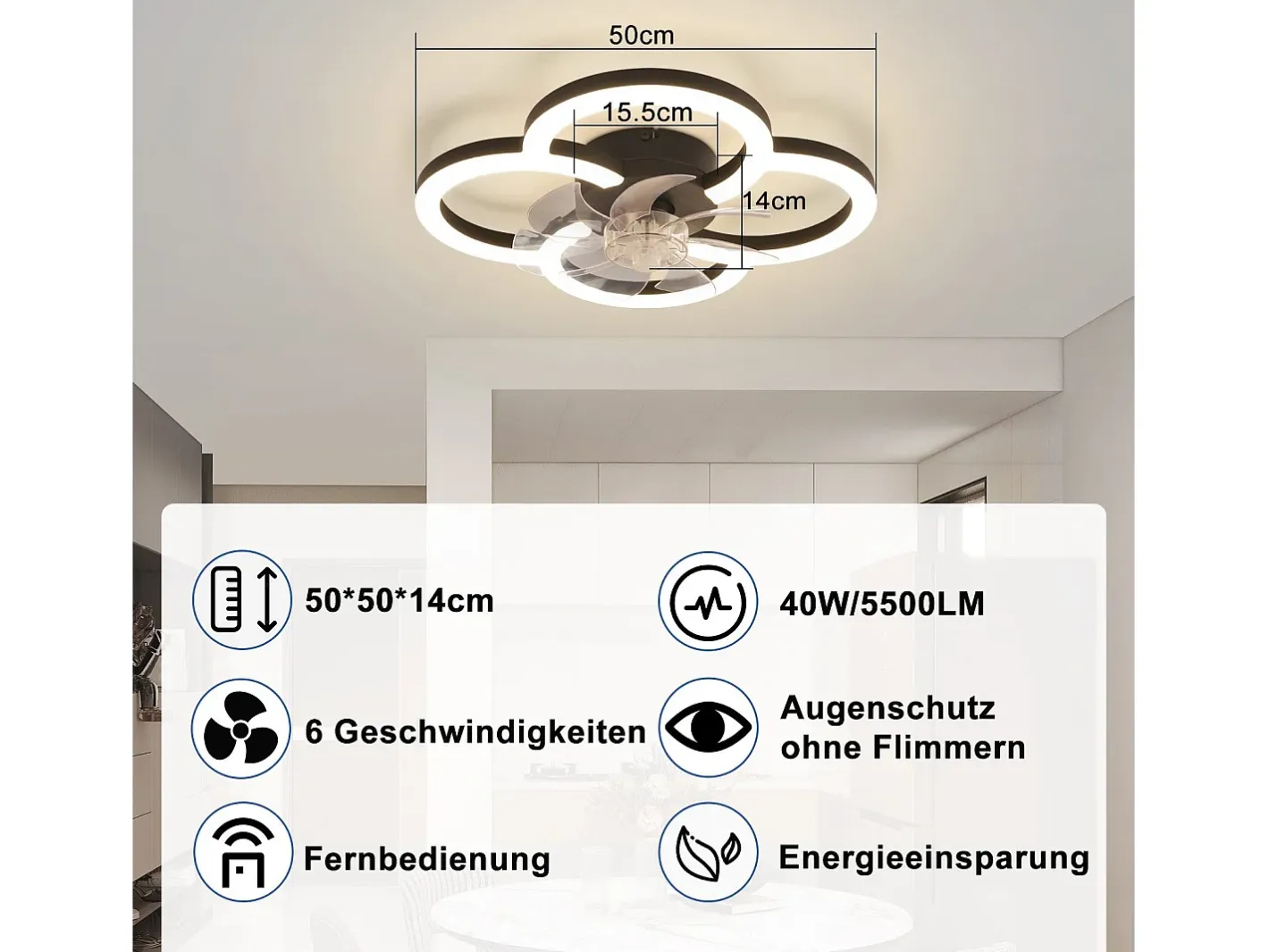 NETTLIFE Ventilador de techo LED con iluminación - 40 W, silencioso, , con control remoto, temporizador regulable de 6 velocidades Negro Clearance