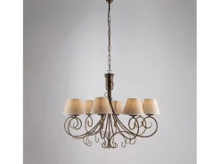 Lámpara Suspendida-Vienesa - Lámpara de araña marrón con pantallas efecto yute y oro antiguo, 8 luces Ø78 Dorado