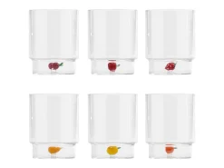 Vaso-Zafferano Teca Frutta Mix - Juego de 6 Vasos de Vidrio Borosilicato con Fruta - Vaso de 35 cl con Doble Fondo Decorado a Mano, Fácilmente Lavable Transparente